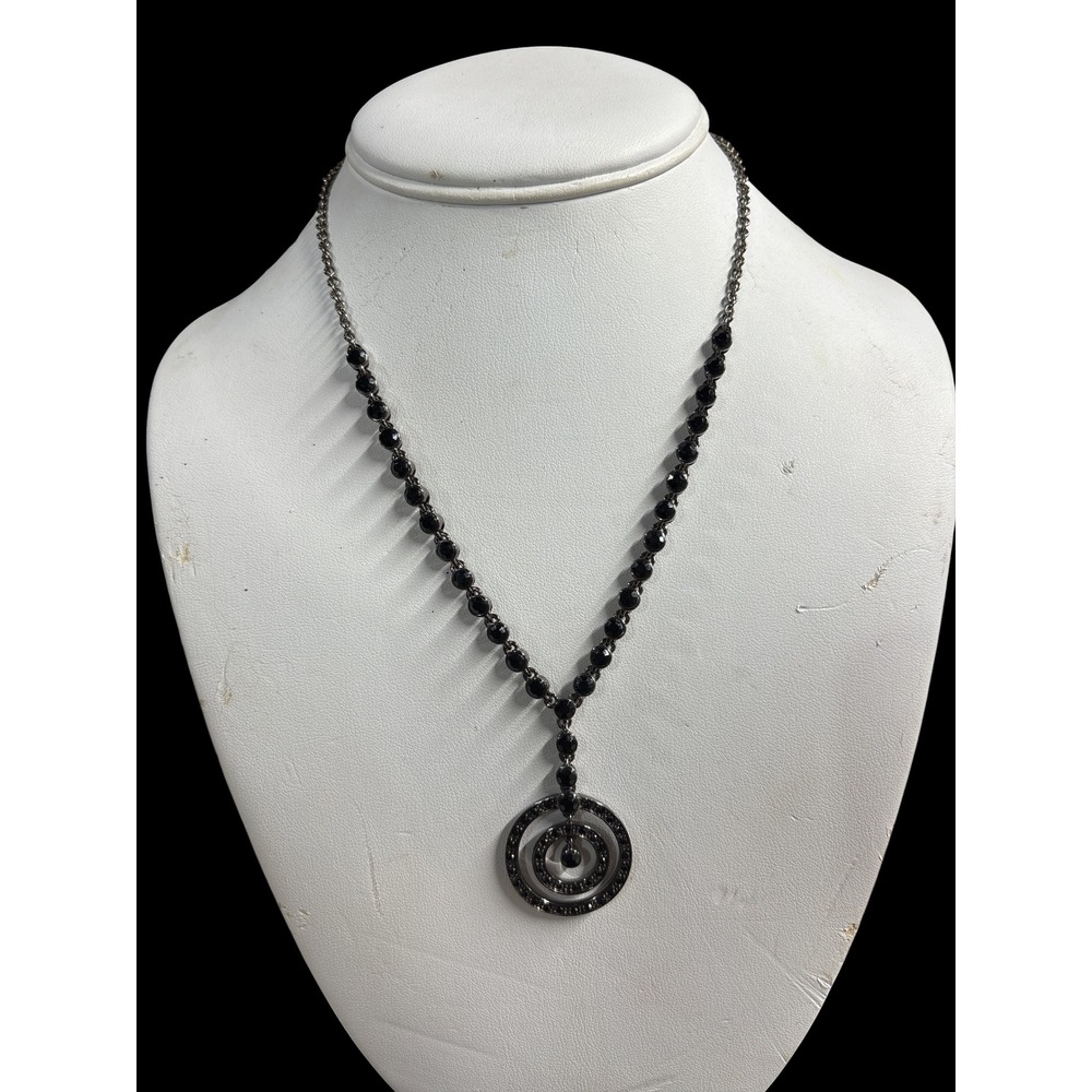 Marvella by Monet Black Beaded Triple Circle Pendant Necklace Gunmetal Tone NWT